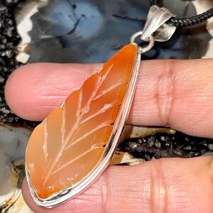 Carved Lightweight Chalcedony Leafy Pendant 2 1/4”